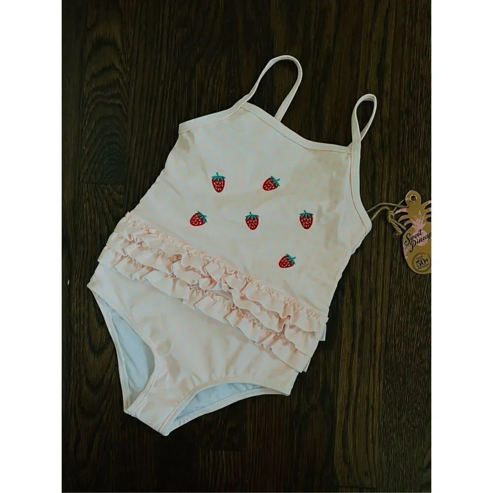 NEW Sweet Pineapple Toddler Girls 4T Pink/White Gingham Embroidered Strawberry 1